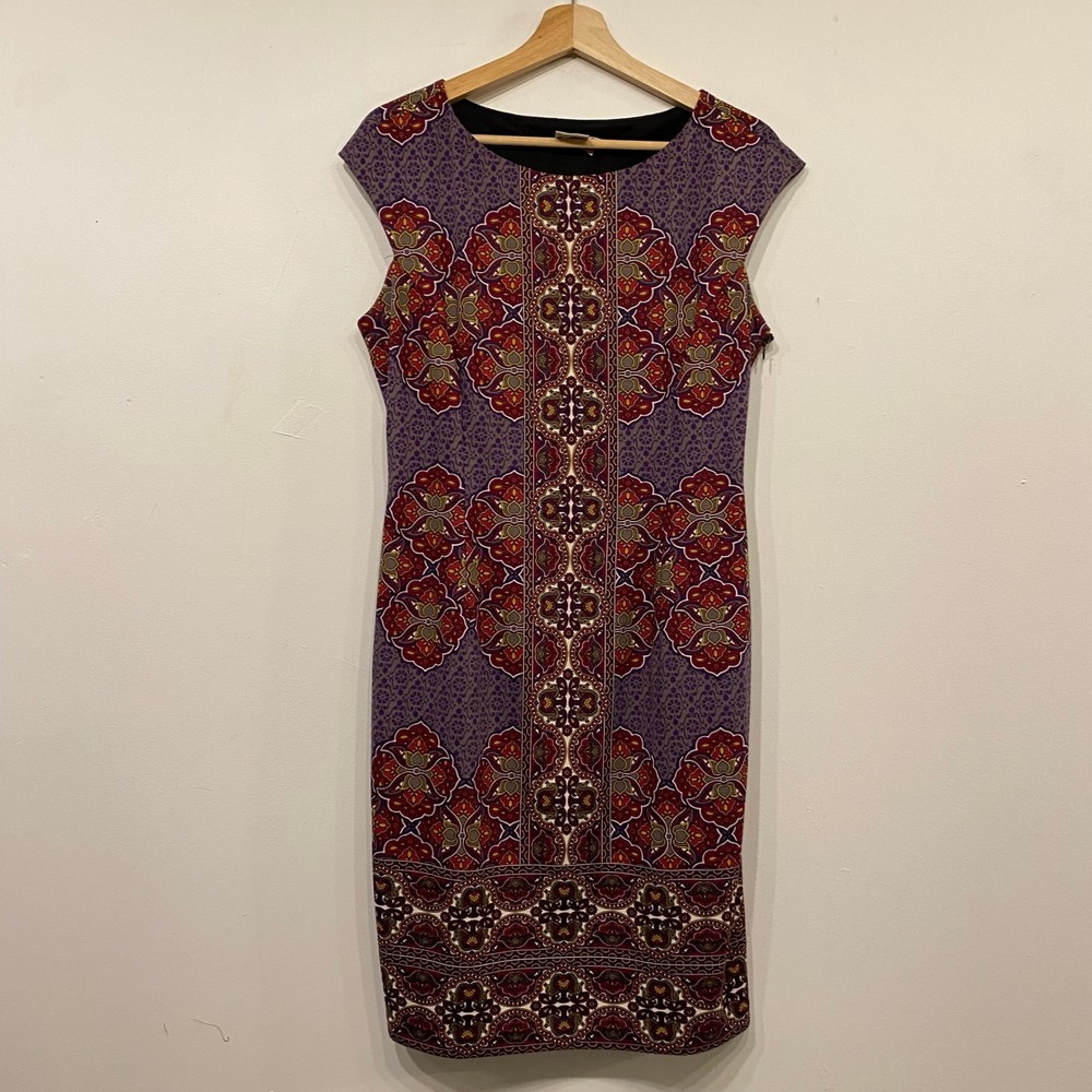 Maggy London Women Purple Red Medallion Print Cap Sleeve Sheath Dress Size 10